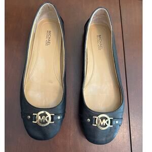 Michael Kors Fulton Black Leather Flat Moccasin Gold Tone Logo Women's Size 6.5